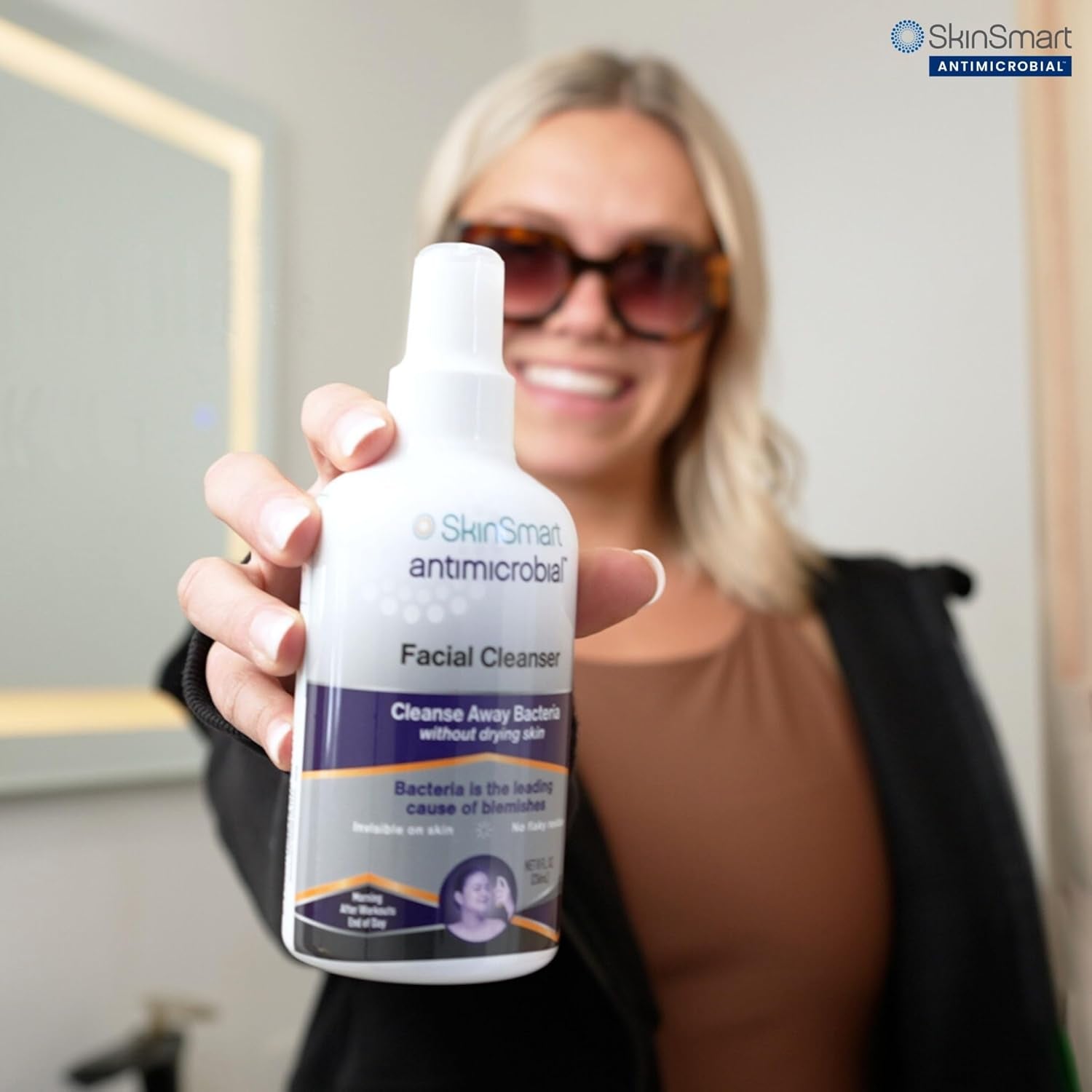 Skinsmart Facial Cleanser for Acne, Targets Bacteria for Active Teenage Athletes Post Workout and Adult Acne, 8 Oz Spray Bottle, Safe for Multiple Daily Uses